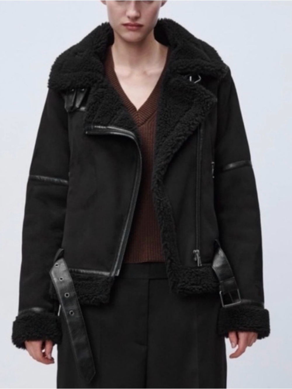 ZARA Black Teddy Shearling Moto Jacket XS